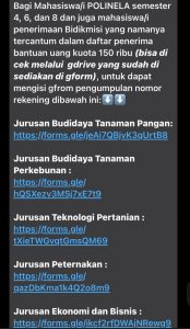 Pengumuman pengumpulan nomor rekening oleh BEM Polinela, Rabu (30/6/2021)